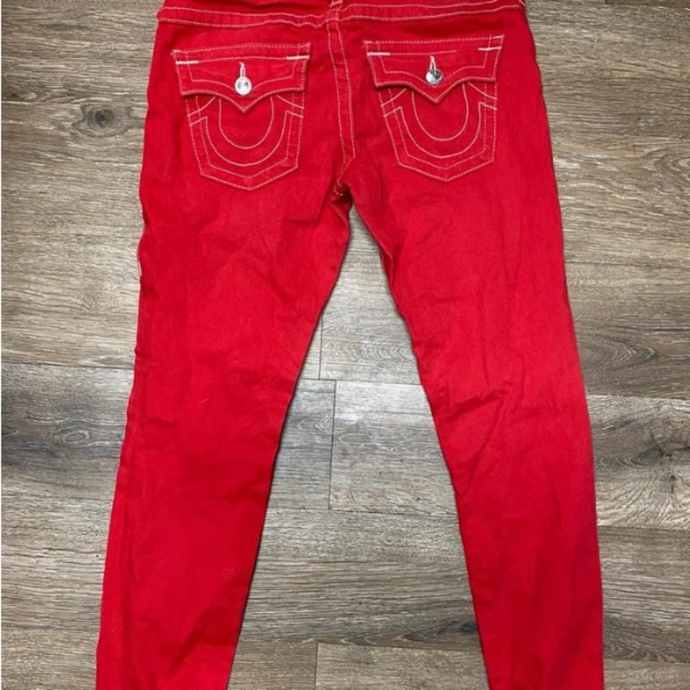 True Religion Red Skinny Jeans with Signature Stitching